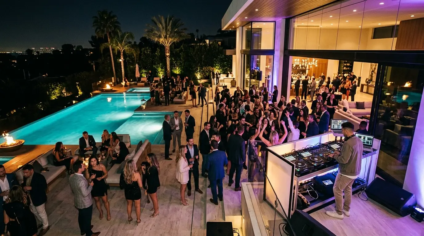 Festa em casa de luxo com piscina iluminada