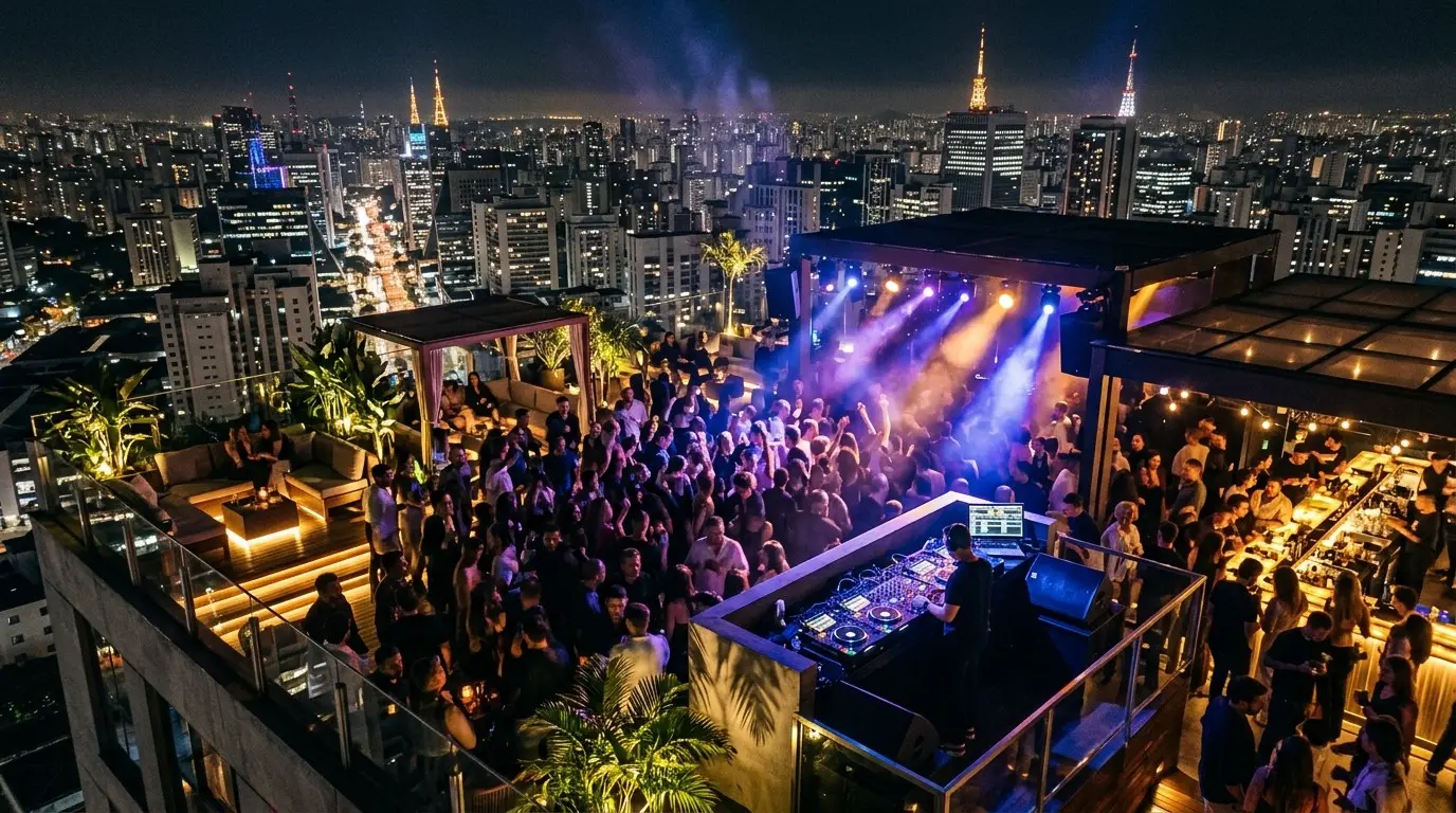 Rooftop lotado à noite com a cidade iluminada ao fundo